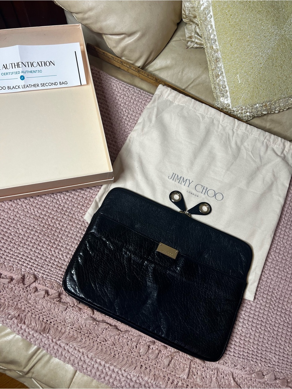 JIMMY CHOO leather laptop sleeve/flat zipper portfolio clutch Box Dustie COA